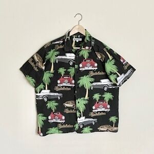 Vintage Studebaker Car Hawaiian Hot Rod Palm Tree Print Button Down Shirt Mens L